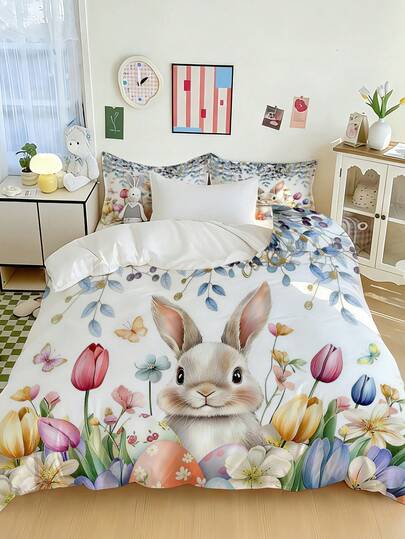 3pcs Charming Easter Bunny & Floral Watercolor Print Duvet Cover Set (1*Duvet Cover + 2*Pillowcase, Without Core), Adorable Watercolor Bunny Surrounded By Vibrant Tulips, Wildflowers, Butterflies & Pastel Easter Eggs On A Crisp White Backdrop