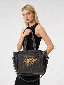 This Novel And Fashionable Classic Multi-Purpose Casual Backpack Features A Letter Graphic Design, With A Red Heart-Shaped Pendant, Exquisite Embroidery, And A Large-Capacity Metal Chain Shoulder Strap. Made Of Fabric With A Worn And Washed Treatment, It Is Very Suitable For School Or Commuting Use. - Black - View 6