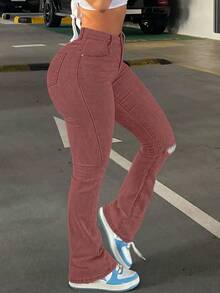 GILIPUR Y2K Women High Waist Flare Jeans, European And American Street Style Rhinestone Red Denim Skinny Pants, Stretchy, Elegant & Fashionable, Casual Versatile Bottoms - Pink - View 3