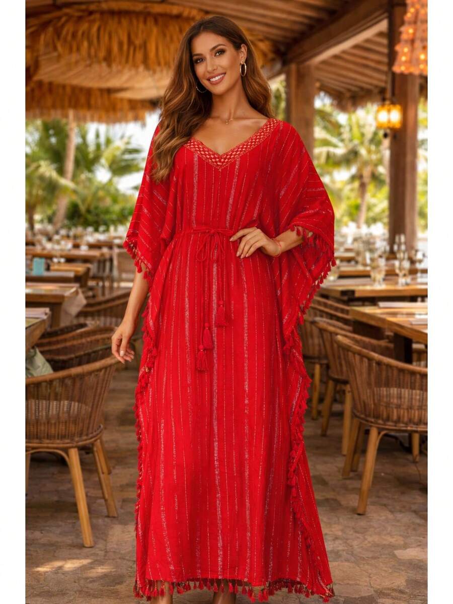 Elegant Women's Boho Maxi Dress With A V-Neck, Batwing Sleeves, Asymmetrical Hem, And Fringe Details. - 紅色 - 查看 1