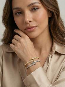 Luxury Cubic Zirconia Pave Nail Design Open Cuff Bracelet, 18K Gold Plated Street Style Bangle Jewelry Gift For Women,Women's Fashion Rhinestone Decor Nail Shaped Bracelet, High Quality Gold Tone Micro-Inlaid Open Bangle For Party - Multicolor - View 10