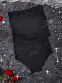 3 piezas de ropa interior de mujer de cintura media, bragas sin costuras con cintura transparente negra, estilo simple de bragas negras - Multicolor - Ver 2