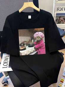 Women's T-Shirt With Funny Cat Chef Graphic, Casual Summer Top,Suitable For Daily Wear, Going Out, Party, School, Attending Music Festivals, Vacation, Commuting. Can Be Given As A Gift To Family, Boyfriend,Girlfriend, Friends,Girls Summer Clothes - Black - View 1