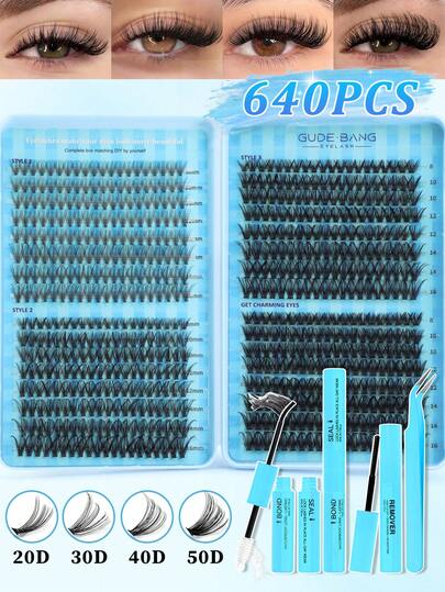 640 piezas (20D+30D+40D+50D) Kit de extensión de pestañas DIY - Incluye pestañas postizas, pegamento, desmaquillante, pinzas y cepillo, calidad profesional adecuada para principiantes, fácil de usar en casa, juego completo de cuidado de pestañas para principiantes: contiene pestañas, pegamento, desmaquillante y herramientas, fácil de aplicar como un profesional en casa