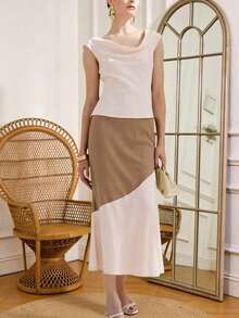 女士优雅时尚缎面翻领衬衫A字裙套装，衬衫领，适合日常、通勤和约会穿着 - 杏色 - 查看 3