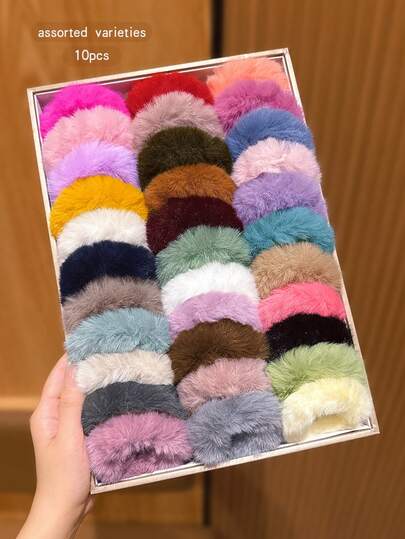 10pcs Random Color Plush Hair Scrunchies, Suitable For Daily Use Hair Accessories