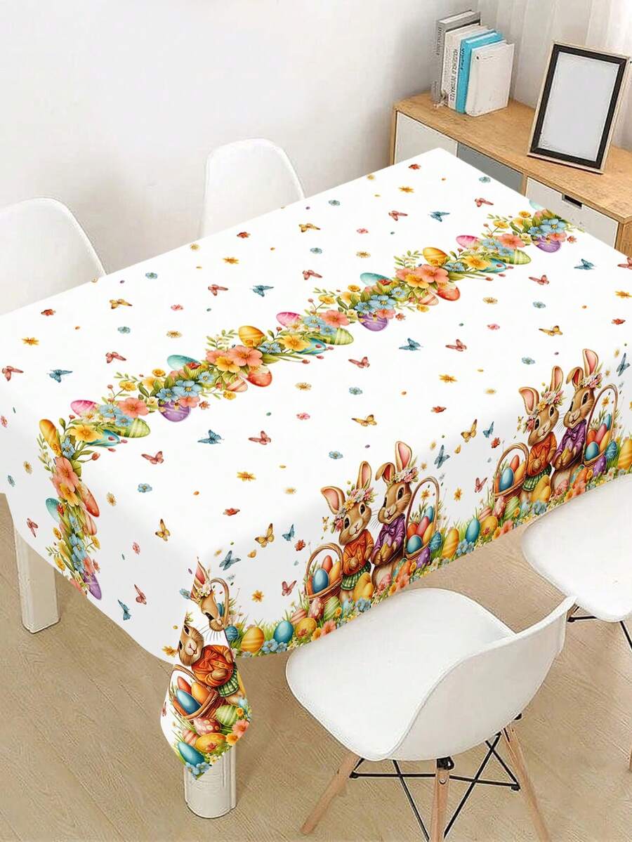 1pc Easter Plastic Tablecloth, 220*130cm Colorful Easter Bunny Eggs Flower Basket Disposable Table Cloth, Flower Butterfly Design Rectangle Table Cover, Easter Home Kitchen Dining Table Decoration, Easter Party Supplies, Easter Decorations