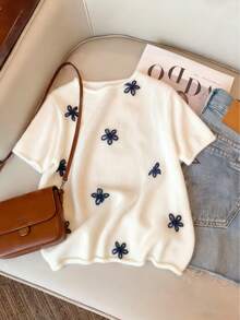 女士高弹针织短袖常规长度毛衣，休闲圆领套头衫，带蝴蝶结图案 - 淺杏色 - 查看 1