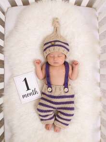 一套针织帽+围兜裤，新生儿摄影道具，手工编织条纹婴儿帽，蓝色 - 彩色 - 查看 2