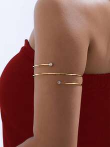 1pc Elegant Simple Dual-Layer Rhinestone & Metal Arm Cuff, Fashion Jewelry For Women, Vacation, Party, Beach - Gold - View 6