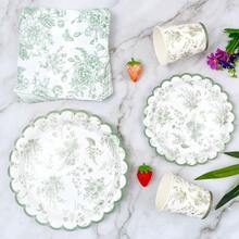 8pcs Green Porcelain Floral Disposable Plate, Napkin, Cup Set, One-Time Party Supplies Suitable For Birthday, Wedding, Theme Party, Family Picnic - Multicolor - View 5