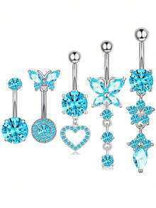 Set de 5 anillos colgantes para el ombligo, disponibles en 4 colores, material de acero inoxidable, joyería de piercing para el ombligo de mujer, anillos colgantes para el ombligo en forma de mariposa y corazón de 14G - Piercing en el ombligo - Ver 4