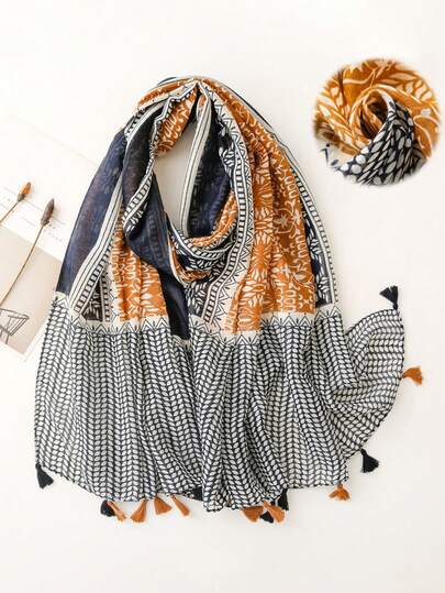 1pc Women's Fashion Striped Textured Patchwork Pattern Lightweight Tassel Scarf/Headscarf, Suitable For Dates, Everyday, Parties, Travel & Vacation