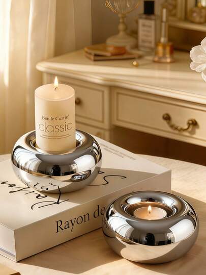 1pc Luxury Creative Silver Ceramic Candle Holder, Modern Minimalist Home Decor Candlelight Dinner Prop, Wedding Soft Furnishing