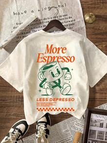 More Espresso Coffee Club Graphic Print Round Neck Short Sleeve T-Shirt, Casual Summer - Apricot - View 3