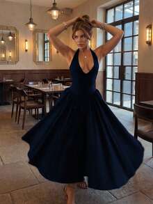 Women's Solid Color Deep V Elegant Casual Commute Date Romantic Dress, Elegant Casual Commute Date Romantic Dress, Vacation, Summer Dresses - Navy Blue - View 2