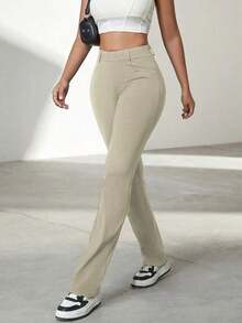 Yoga High Stretch Slim Pocket Design Women Straight Leg Pants, Business Casual Trousers For Office Wear, Autumn - 杏 - 查看 8
