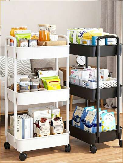 Platzsparender 2-stöckiger Rollwagen mit 4 Haken, weiße Kunststoff Aufbewahrungsorganizer, mobile multifunktionale Ablage für Büromaterial, Wohnheim Grundausstattung, Badezimmer Toilettenartikel, Snacks, Kosmetik & Küchen Lagerung