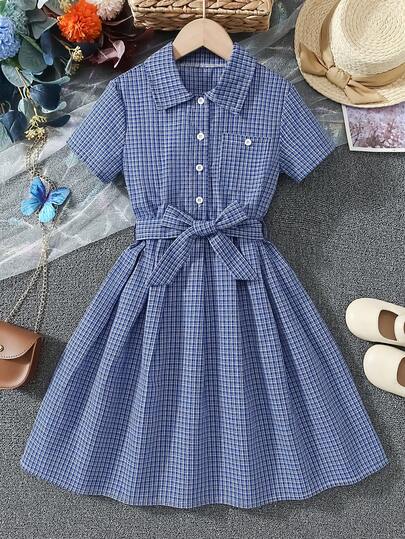 Girls Elegant Short Sleeve Plaid Belted Knee-Length Pleated Dress, Casual School Style, For Ages 8-12