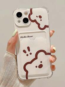 1pc Transparent Shockproof Card Slot Phone Case With Exclamation Mark & Bear Design, Compatible With Iphone 11/12/13/14/15/16/17/Pro Max - White - View 1