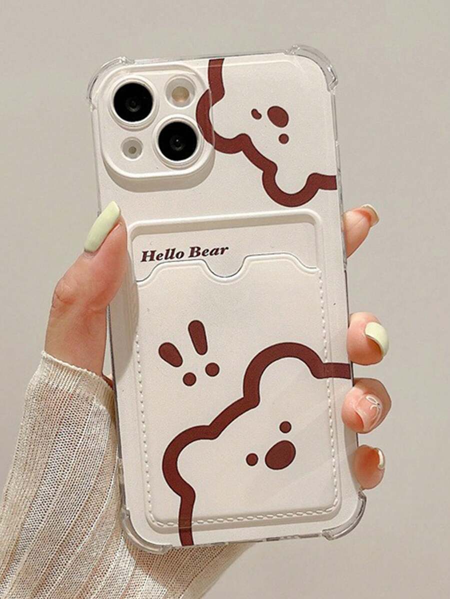 1pc Transparent Shockproof Card Slot Phone Case With Exclamation Mark & Bear Design, Compatible With Iphone 11/12/13/14/15/16/17/Pro Max - White - View 1