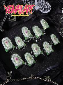 10 móng giả acrylic hình vịt, màu trơn, xanh lá chanh, trang trí 3D ba chiều, chân váy trắng, hình lục giác, trang trí đá lấp lánh, bộ móng giả acrylic tối giản quyến rũ kiểu Y2K ngắn, dụng cụ làm móng cho phụ nữ và bé gái kèm 1 dũa móng mini và 1 tờ keo dán, nghệ thuật làm móng cho lễ hội, hàng ngày, công sở, tiệc tùng, tụ họp và những nơi khác, móng giả thủ công. - Màu xanh chanh - Xem 5