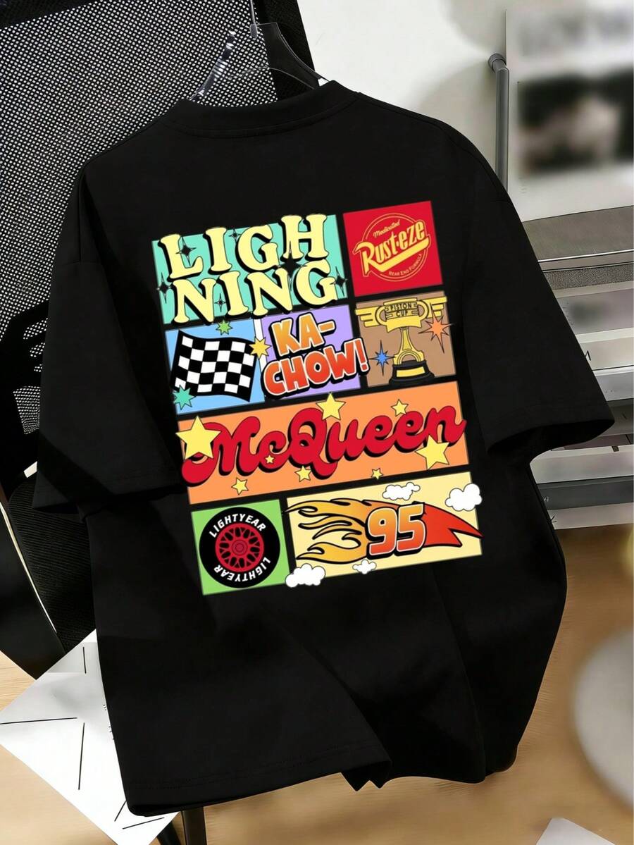 Disney Boys' Lightning McQueen Graphic Short Sleeve Tee - Kids Ages 2-14, Durable Everyday Shirt - Express Delivery - 黑色 - 查看 1