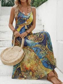 Dreamy Starry Sky Print Spaghetti Strap Maxi Dress, V-Neck Sleeveless Breathable Summer Dress, Bohemian Style Essential For Beach Vacation Elegant - Sea Blue - View 3