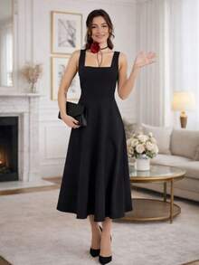 Sophisticated Midi Dress With Perfect Cut | A-Line Silhouette - Negro - Ver 1