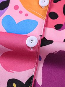 Set de pijamale cu mânecă scurtă, stil graffiti, cu imprimeu de inimă și leopard, pentru fete preadolescente, cu guler, nasturi și buzunare, drăguț și confortabil pentru băieți și fete, potrivit pentru toate anotimpurile, ținute de petrecere și timp liber - Roz - Vizualizare 7