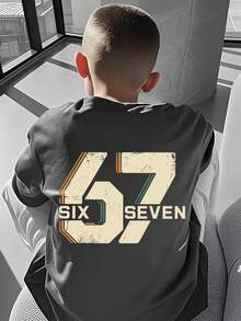Tween Boy "Six Seven" 67 Numeric & Letter Print T-Shirt, Fashionable Street, Campus, Event, Daily Wear, Summer Top For Boys - Dark Grey - View 3