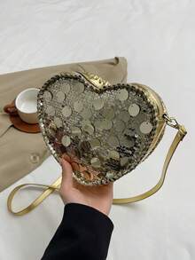 情人节畅销亮片心形晚宴包 | 法式链条手拿包 | 单肩斜挎两用 | 带卡位 | 母亲节礼物 - 銀色 - 查看 6