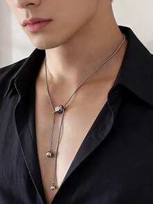 1pc Fashion Versatile Style Stainless Steel Drawstring Adjustable Ball Pendant Men's Necklace As Birthday Gift Accessory - Silver - View 1