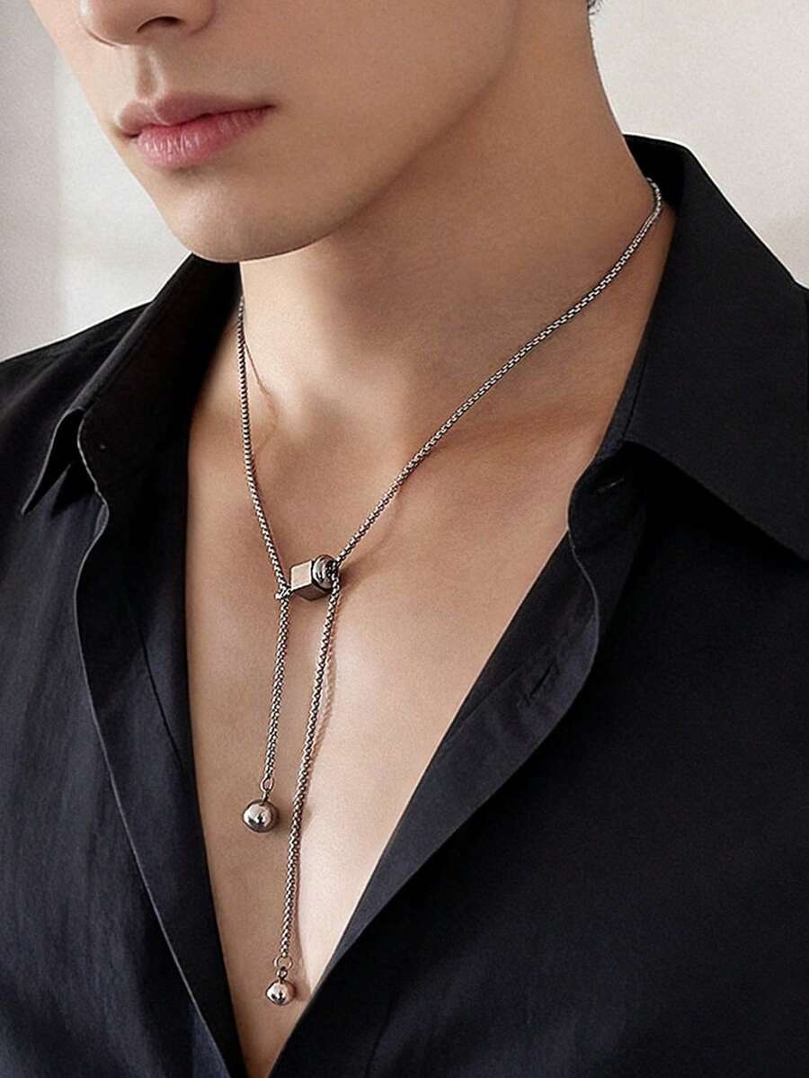 1pc Fashion Versatile Style Stainless Steel Drawstring Adjustable Ball Pendant Men's Necklace As Birthday Gift Accessory - Silver - View 1