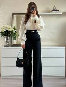 Women's Elegant Solid Color Wide Leg Pants - High Waist Slimming Straight Leg Trousers, Machine Washable, With Pockets, Button Closure, Suitable For Weddings, Formal Occasions, And Commuting, Comes With 1 Belt Black - Black - View 5