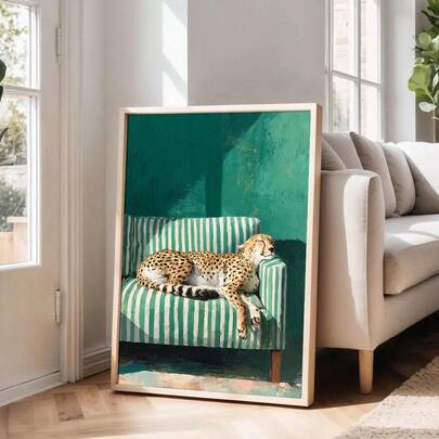 1pc Framed/Unframed Sleepy Leopard Fashion Canvas Poster Emerald Green Animal Cheetah Wall Art Print Minimalist Aesthetic Dopamine Decor Funky Painting For Apartment,Living Room,Bedroom,Modern Home Decoration