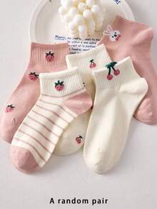 1 par de calcetines de tobillo antideslizantes para mujer con patrones aleatorios de cerezas y fresas rosas, adecuados para todas las estaciones - Negro - Ver 11
