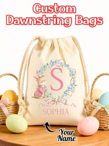 1pc Personalized Easter Bunny Drawstring Canvas Bag, Customized Letter & Wreath Rabbit Design, Kids Easter Basket And Egg Hunt Bag, Reusable Spring Party Gift Bag, Cute Easter Item Gift, Suitable For Girls, Boys, Family, Friends And Classroom Easter Party Supplies - Multicolor - View 1