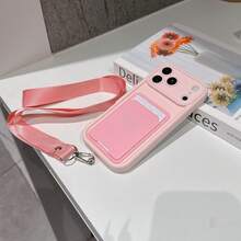时尚简约纯色卡包可拆卸挂绳手机壳,兼容 17/17 Pro Max/17 Air/16/15/14/13/12/11系列,创意手机壳,奢华柔软磨砂保护套,男女通用斜挎挂绳手机壳,适用于Galaxy S22/23/24/S25/A04/05/06/A0,国际版,非国内版 - 粉色 - 查看 4