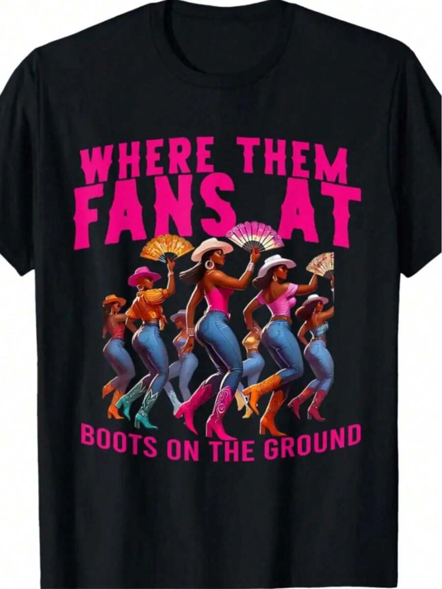 a Pure Cotton Black T-Shirt with a Large Pattern of a Woman Dancing with a Fan, Fashionable and Simple, The Top is Suitable for Summer - Czarne - Zobacz 1