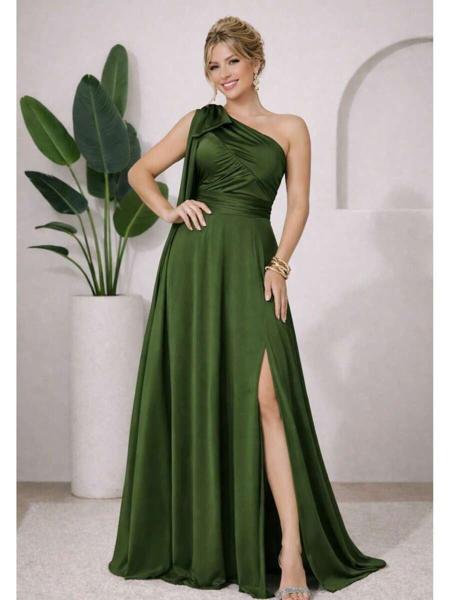 Bridesmaid Dress For Party Guests Reception Graduation Without Shine Cape Sleeve In Fluity - Olive Green - View 1