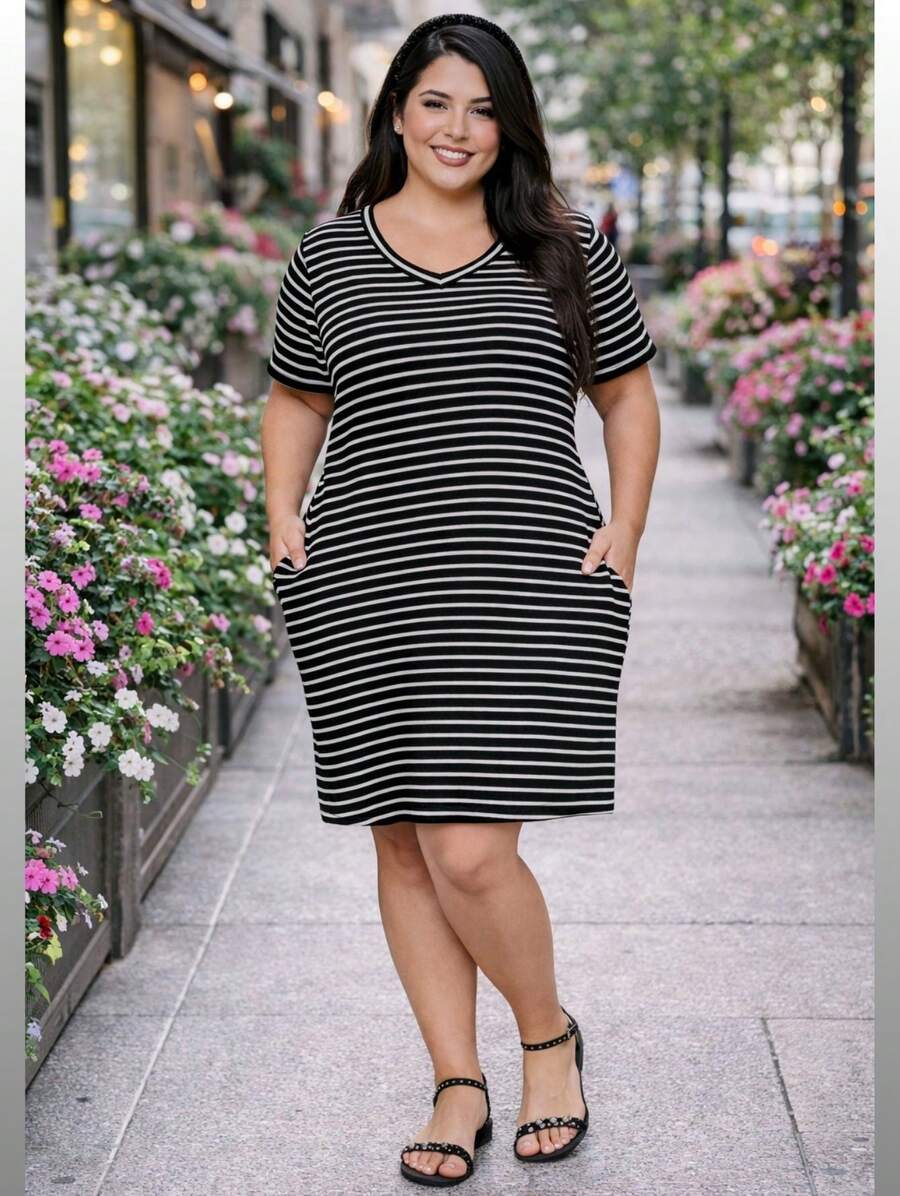 Comfortable Basic Black Striped Midi Summer Dress, Loose And Casual Style, Ideal For Airport, Old Money Style, Teacher's Clothes, Church Dresses For Women, Plus Size Curvy Dress - 有條紋的 - 查看 1