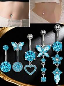 Set de 5 anillos colgantes para el ombligo, disponibles en 4 colores, material de acero inoxidable, joyería de piercing para el ombligo de mujer, anillos colgantes para el ombligo en forma de mariposa y corazón de 14G - Piercing en el ombligo - Ver 6