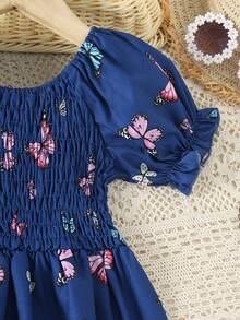 小女孩蝴蝶图案泡泡袖连衣裙，甜美公主风，适合日常穿着、度假、生日派对、节日场合 - 寶藍色 - 查看 8
