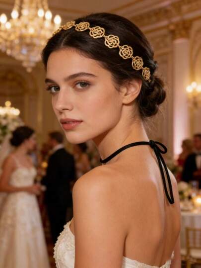 1 pieza Diadema de cadena de metal con flor de rosa hueca de moda, elegante y adecuada para mujeres, accesorios para fiestas y bodas, tocado, joyería para la cabeza