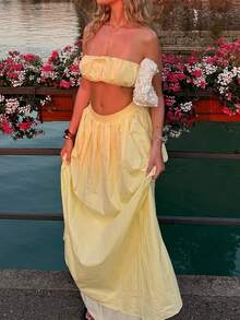 Live To Mo 女士夏季性感度假奶油黄两件套无肩带连衣裙，适合派对、海滩和日常穿着 - 黃色 - 查看 3