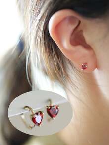 BALMORA 1 Pair Of S925 Sterling Silver Elegant Simple Pomegranate Red Heart-Shaped Zirconia Earrings For Women Daily Commuting Wearing Valentines Day Earrings Jewelry - Gold - View 1