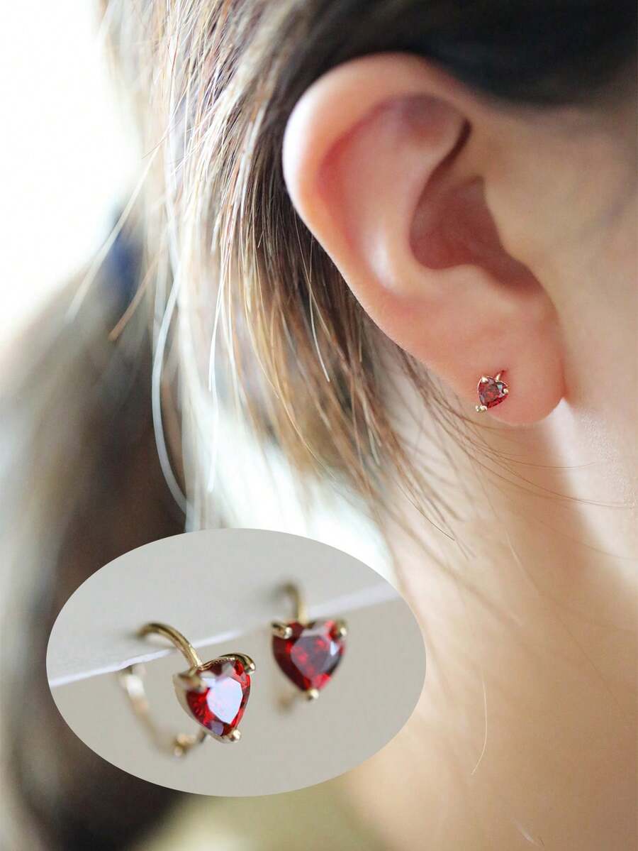 BALMORA 1 Pair Of S925 Sterling Silver Elegant Simple Pomegranate Red Heart-Shaped Zirconia Earrings For Women Daily Commuting Wearing Valentines Day Earrings Jewelry - Gold - View 1