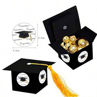 48pcs Graduation Stickers With Black Graduation Cap, Scroll & Star Design, Accented In Gold & White, High-Quality Graduation Gift, Diploma Decoration, Congratulatory Celebration Stickers, Academic Theme Elegant Style Graduation Party Decor, 1 Sheet With 12 Stickers
