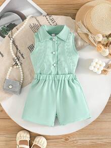 2pcs Baby Girls Elegant Embroidered Pearl Button Sleeveless Top And Minimalist Shorts Set, Fashionable Summer Outfit - Green - View 2